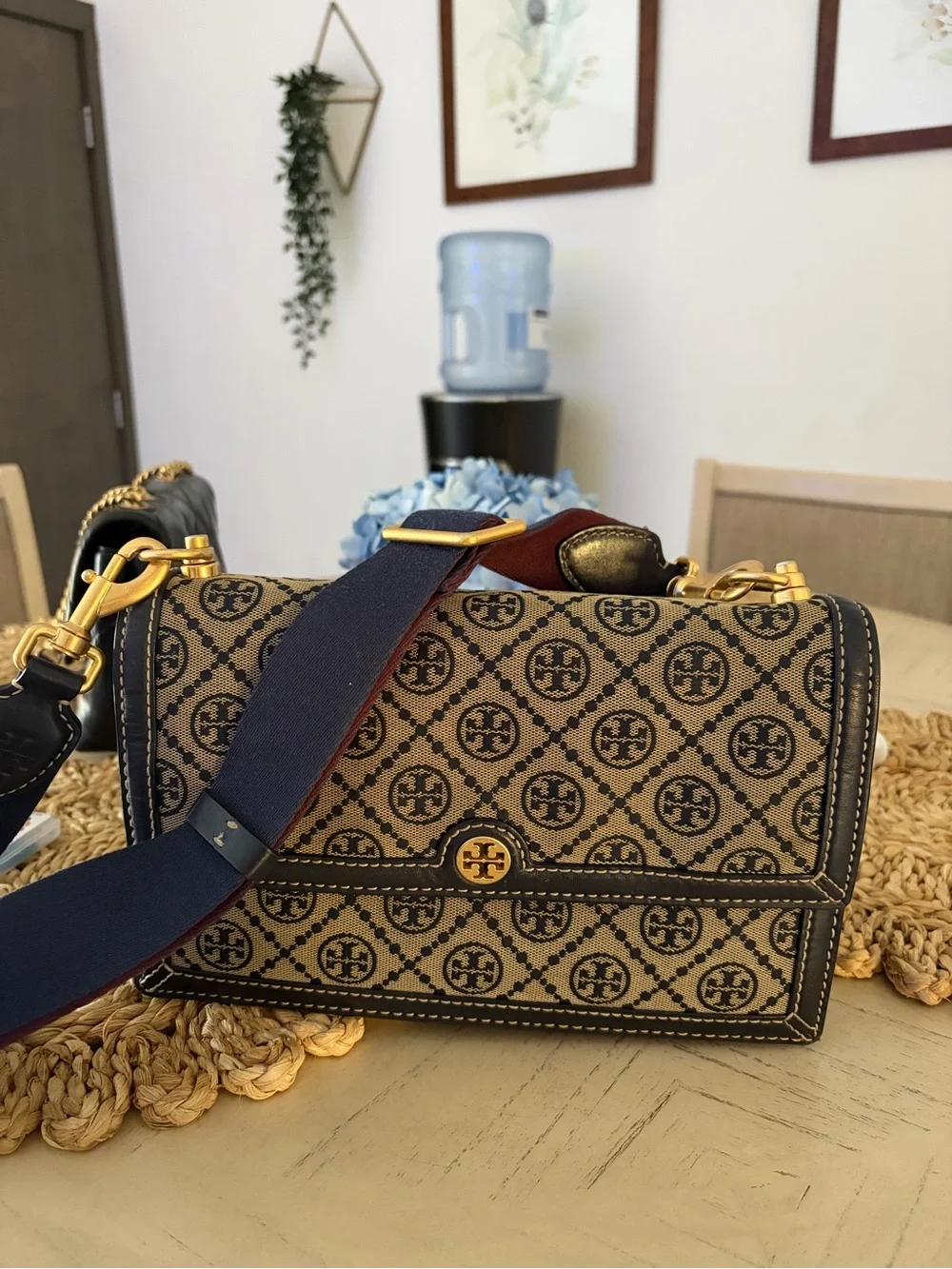 Tory Burch Brown Logo-Print Crossbody Bag with Navy Strap